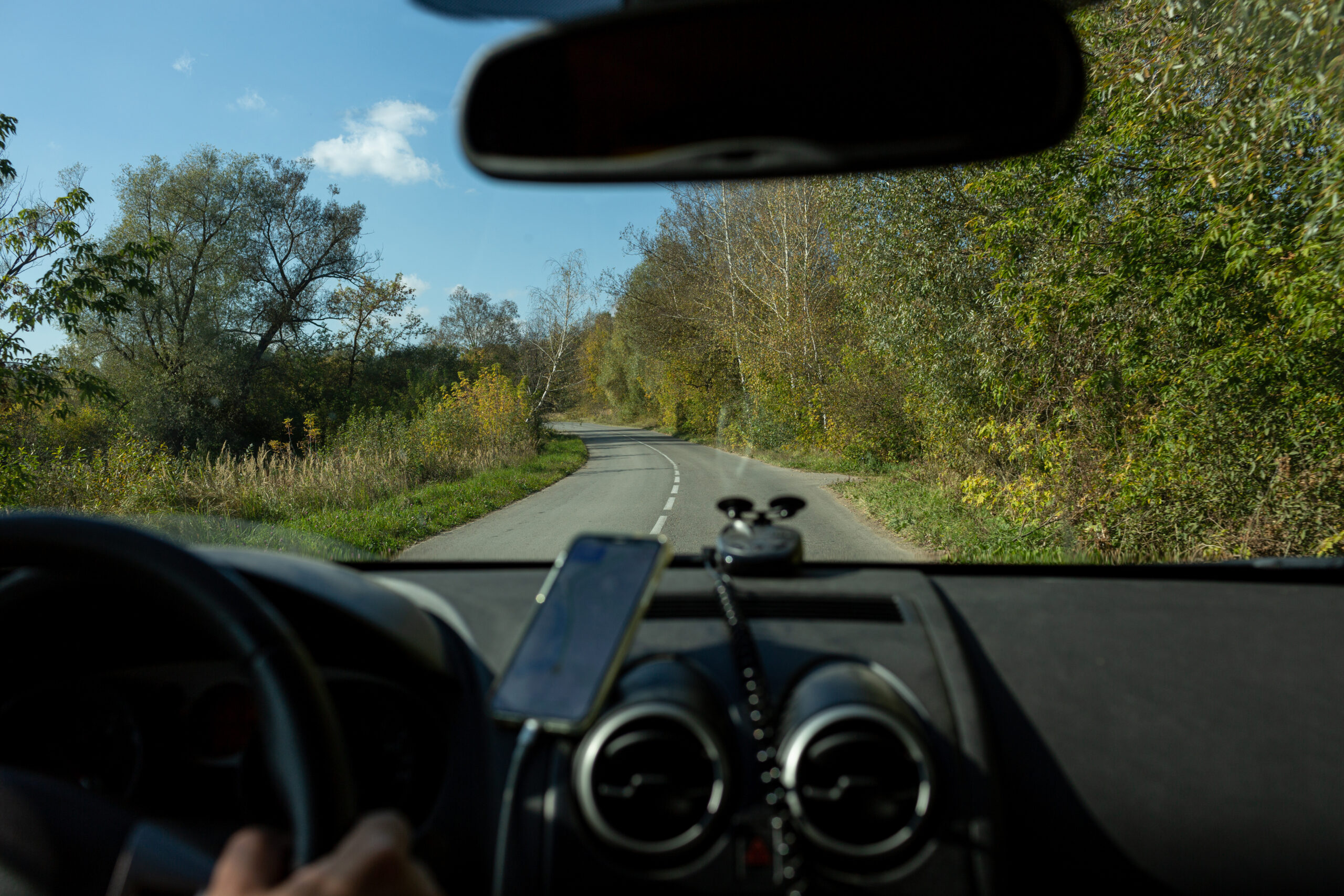 Man driving a car on a winding rural road surrounded by trees and greenery, with a smartphone mounted on the dashboard for navigation.